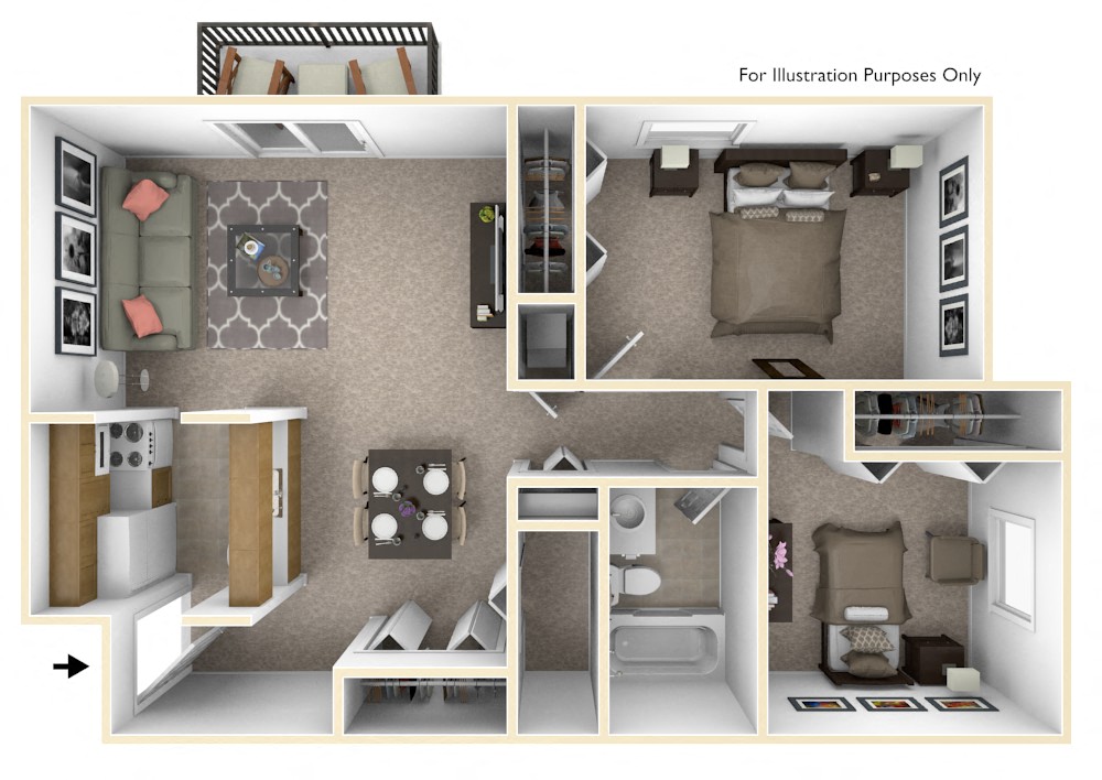 2-Bed/1-Bath, Iris View Floor Plan at Eastgate Woods Apartments, Batavia, Ohio
